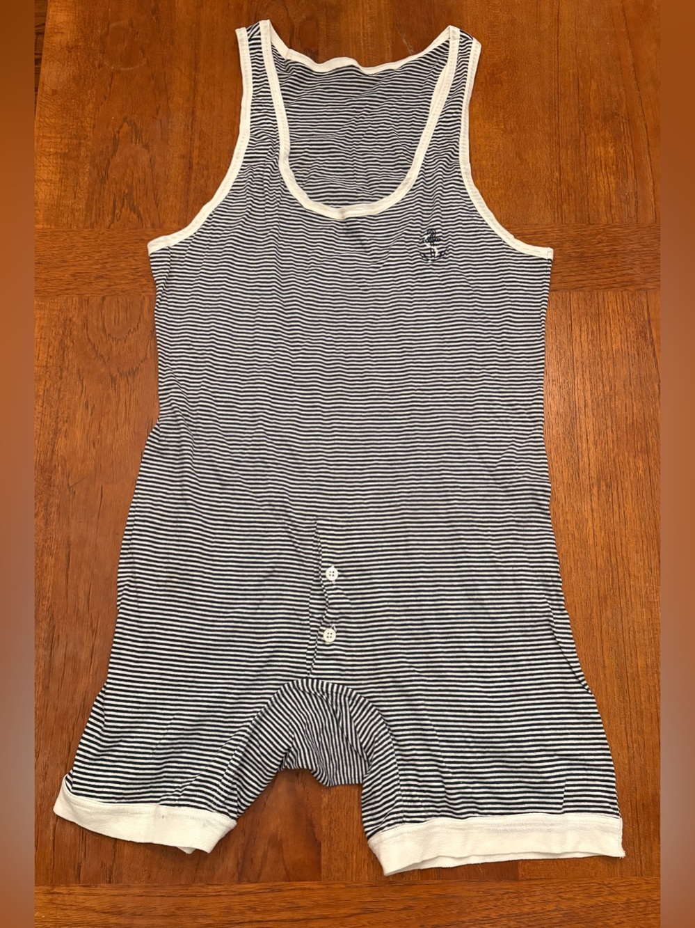 Men’s Striped Navy & White Sleeper Romper onesie good for strongman Halloween